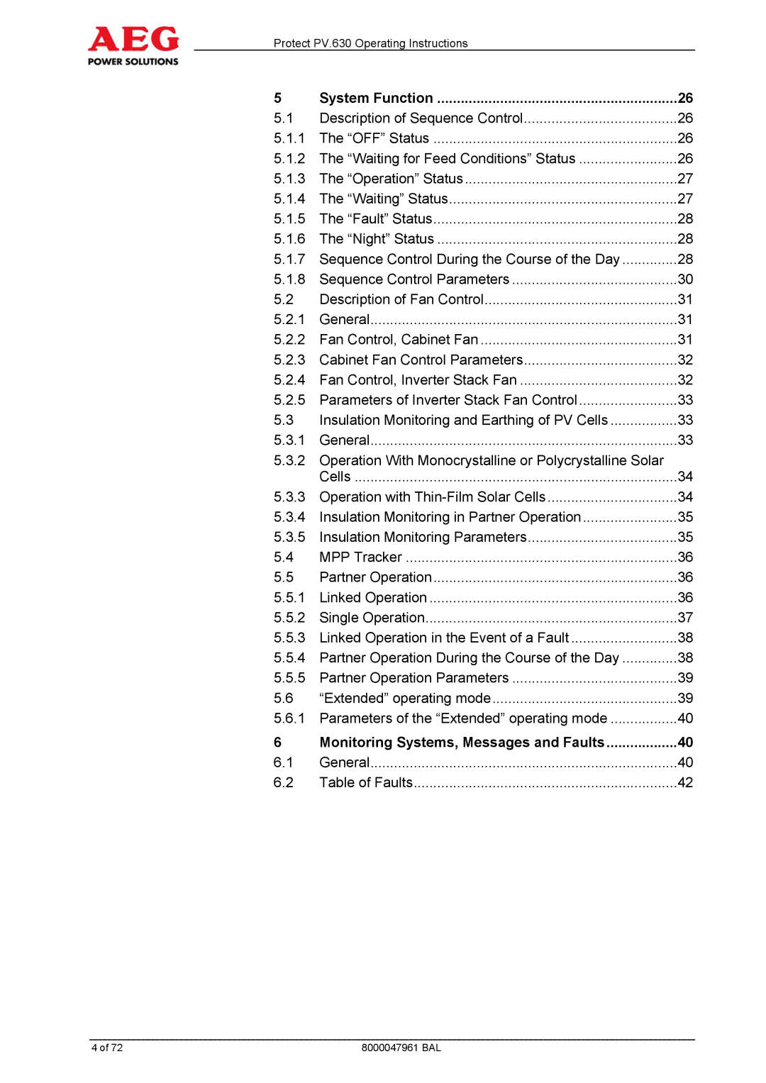 AEG PV.630 manual System Function, Monitoring Systems, Messages and Faults 