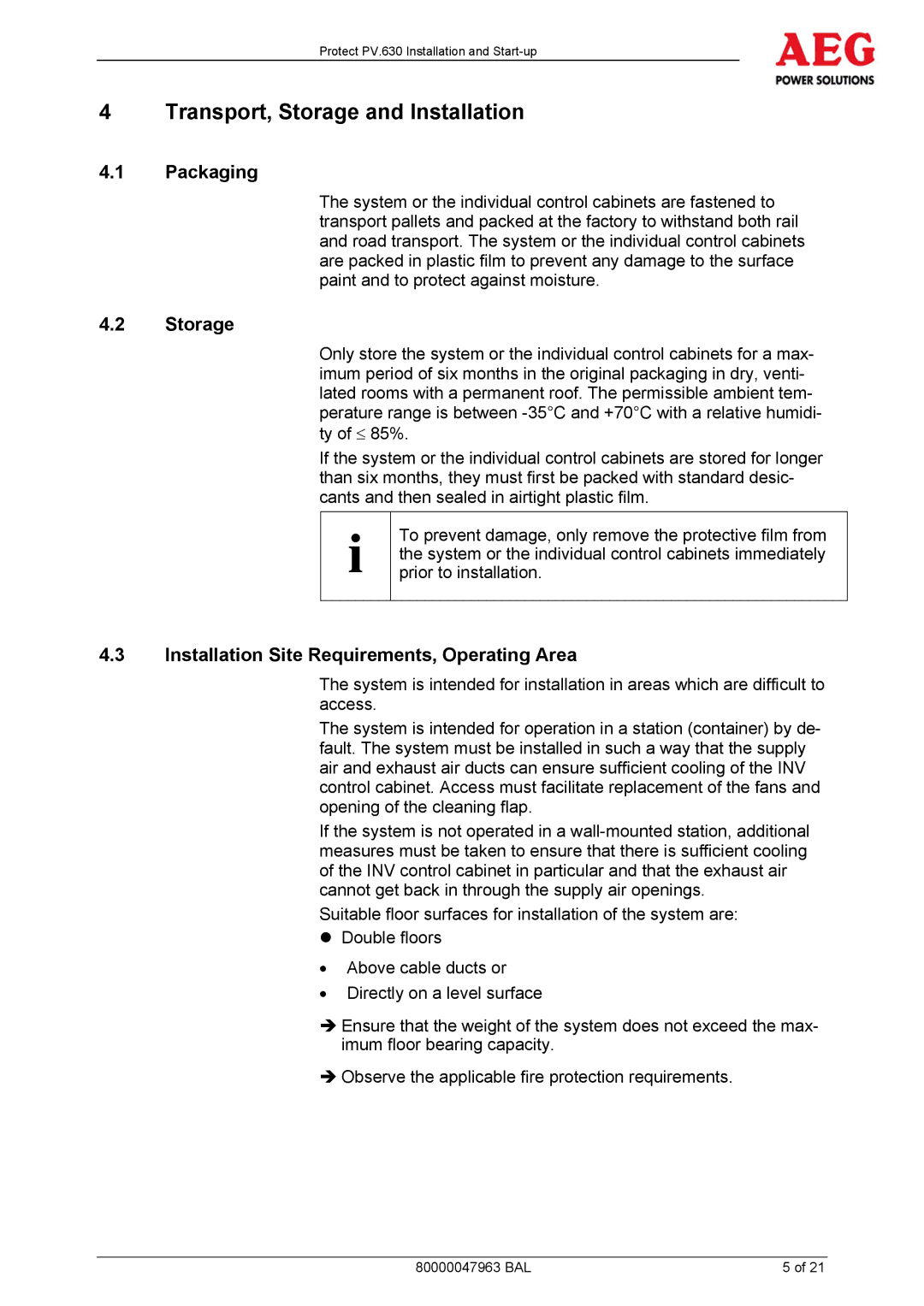 AEG PV.630 manual Transport, Storage and Installation, Packaging, Installation Site Requirements, Operating Area 