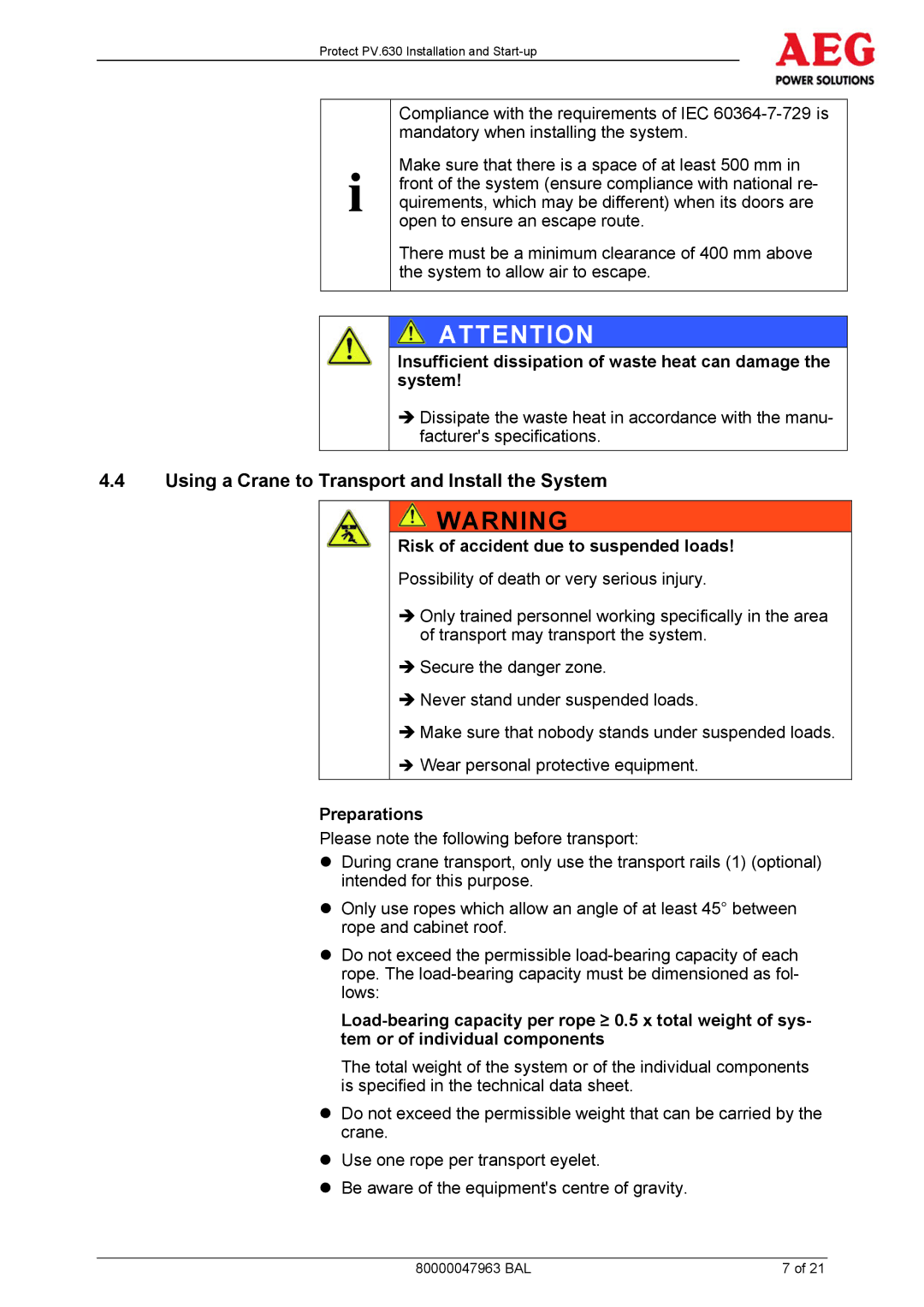 AEG PV.630 manual Using a Crane to Transport and Install the System, Risk of accident due to suspended loads, Preparations 