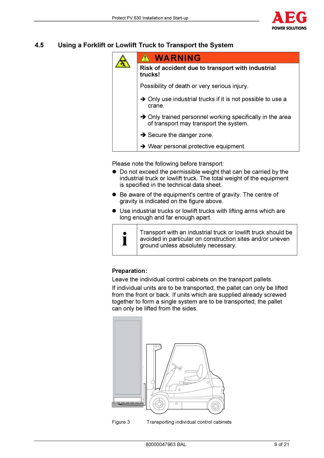 AEG PV.630 manual Using a Forklift or Lowlift Truck to Transport the System, Preparation 