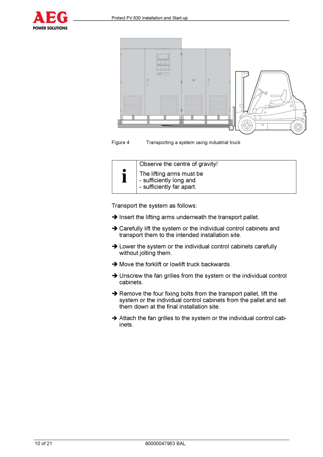 AEG PV.630 manual Transporting a system using industrial truck 