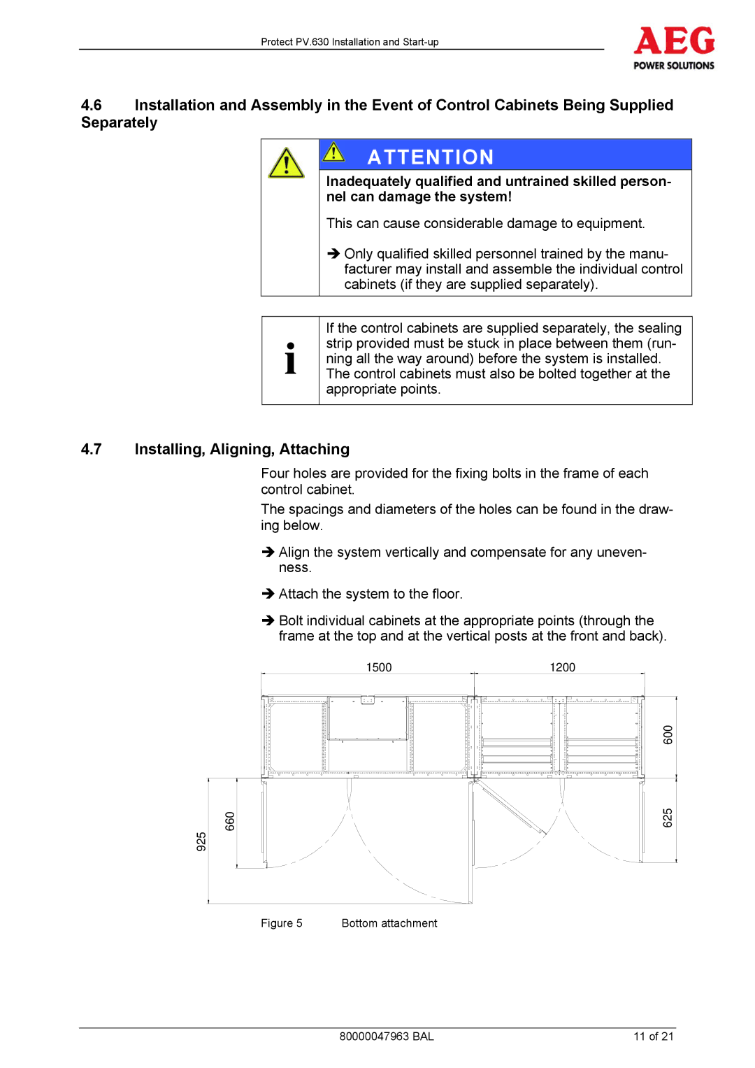 AEG PV.630 manual Installing, Aligning, Attaching, Bottom attachment 80000047963 BAL 