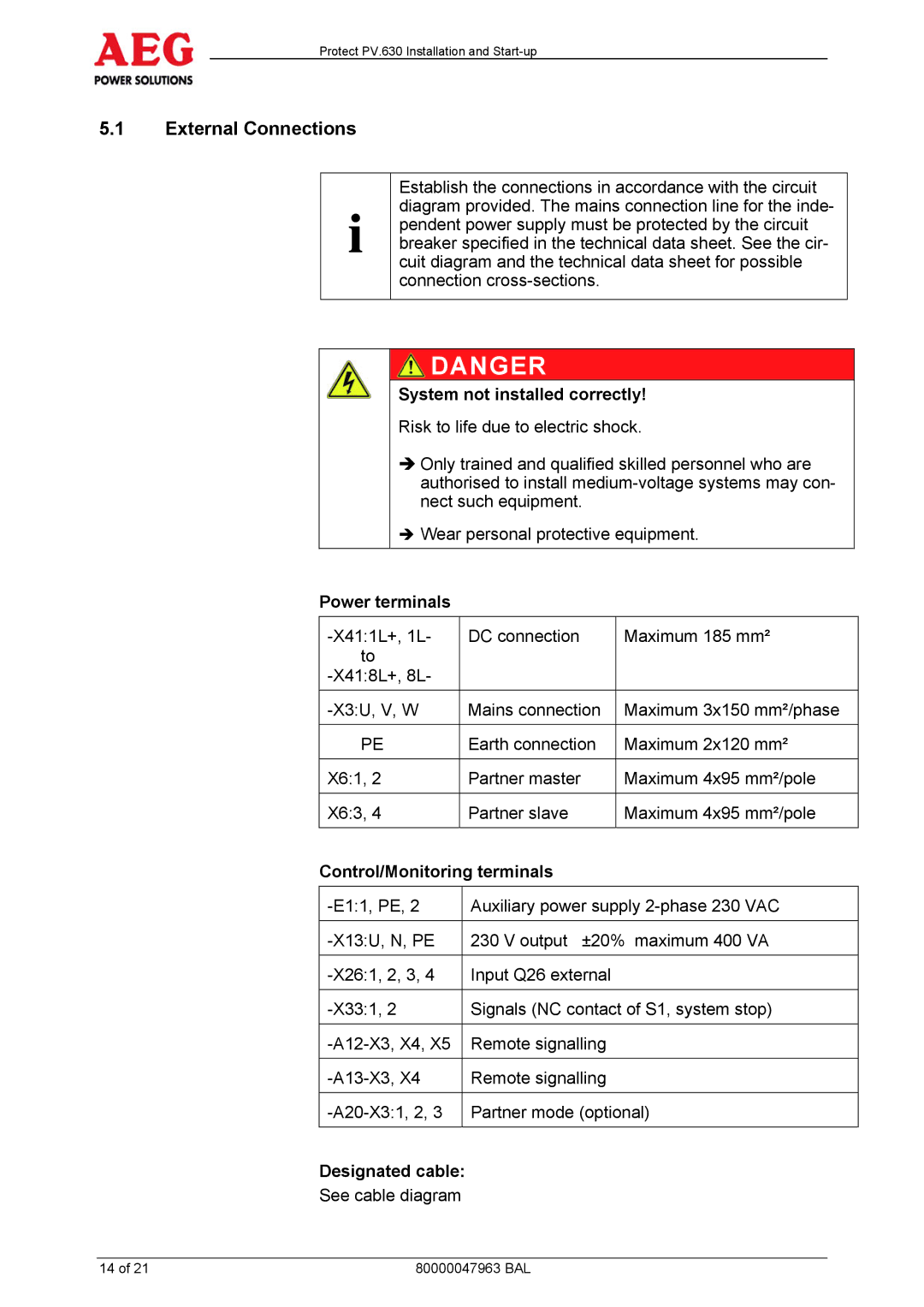 AEG PV.630 manual External Connections, System not installed correctly, Power terminals, Control/Monitoring terminals 