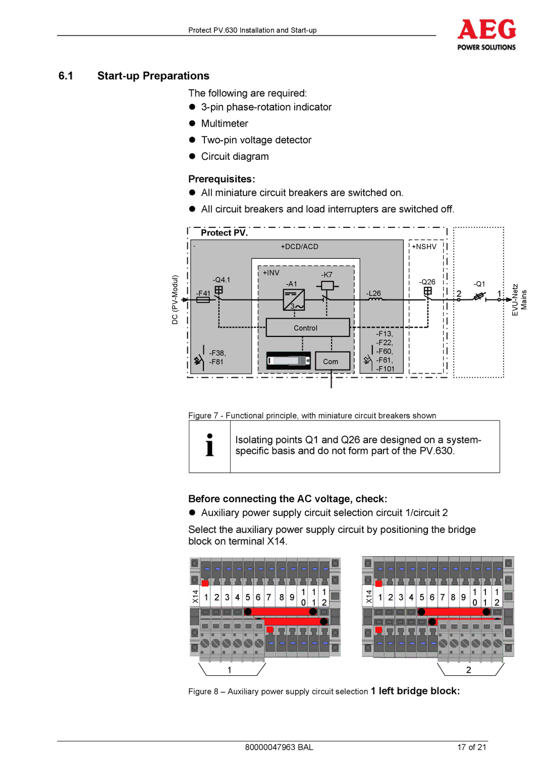 AEG PV.630 manual Start-up Preparations, Prerequisites, Before connecting the AC voltage, check 