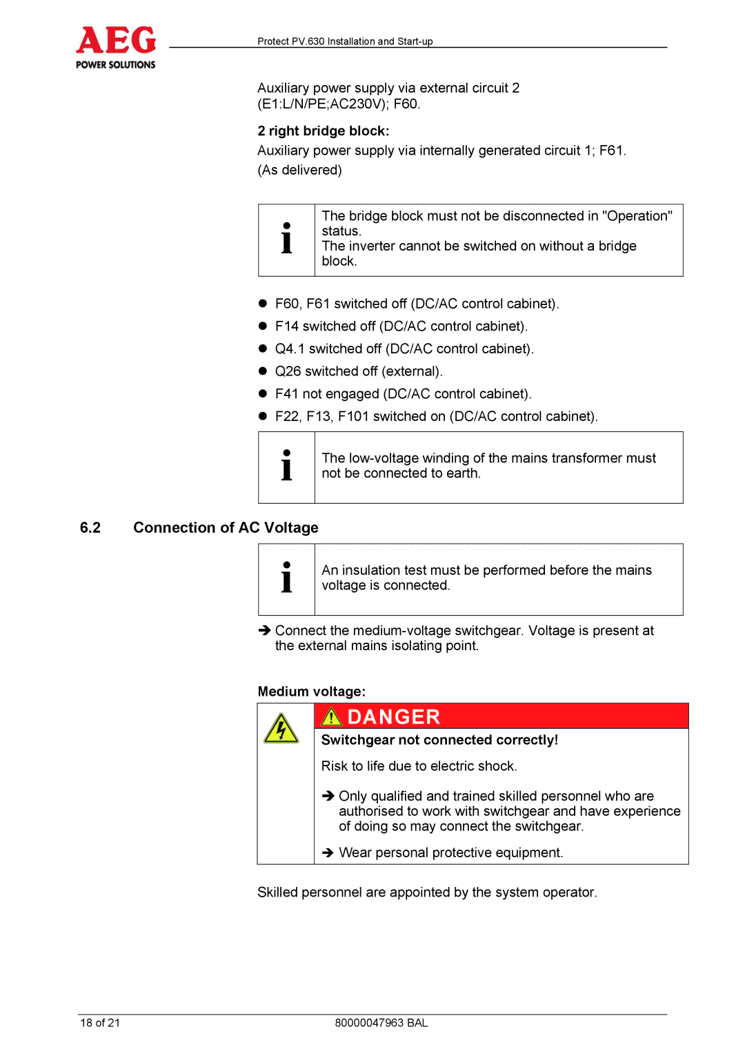AEG PV.630 manual Connection of AC Voltage, Right bridge block, Medium voltage Switchgear not connected correctly 