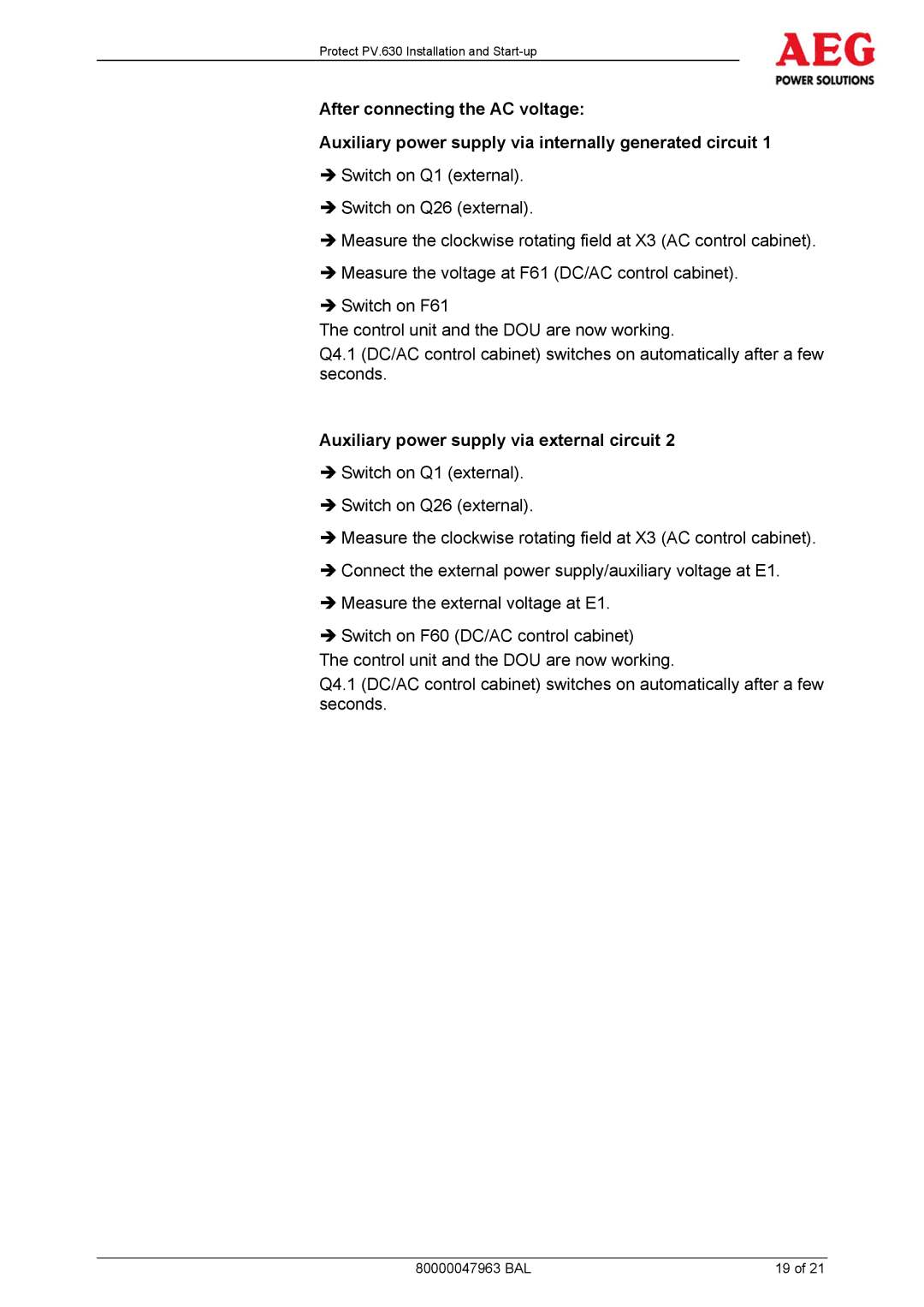 AEG PV.630 manual Auxiliary power supply via external circuit 