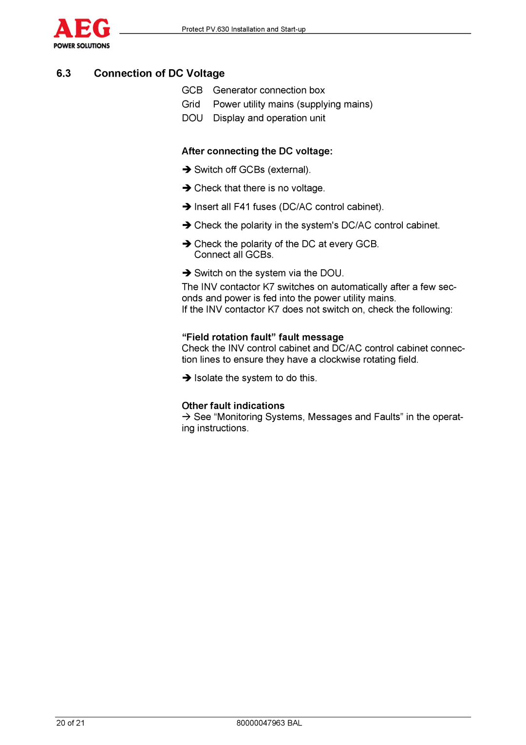 AEG PV.630 manual Connection of DC Voltage, After connecting the DC voltage, Field rotation fault fault message 