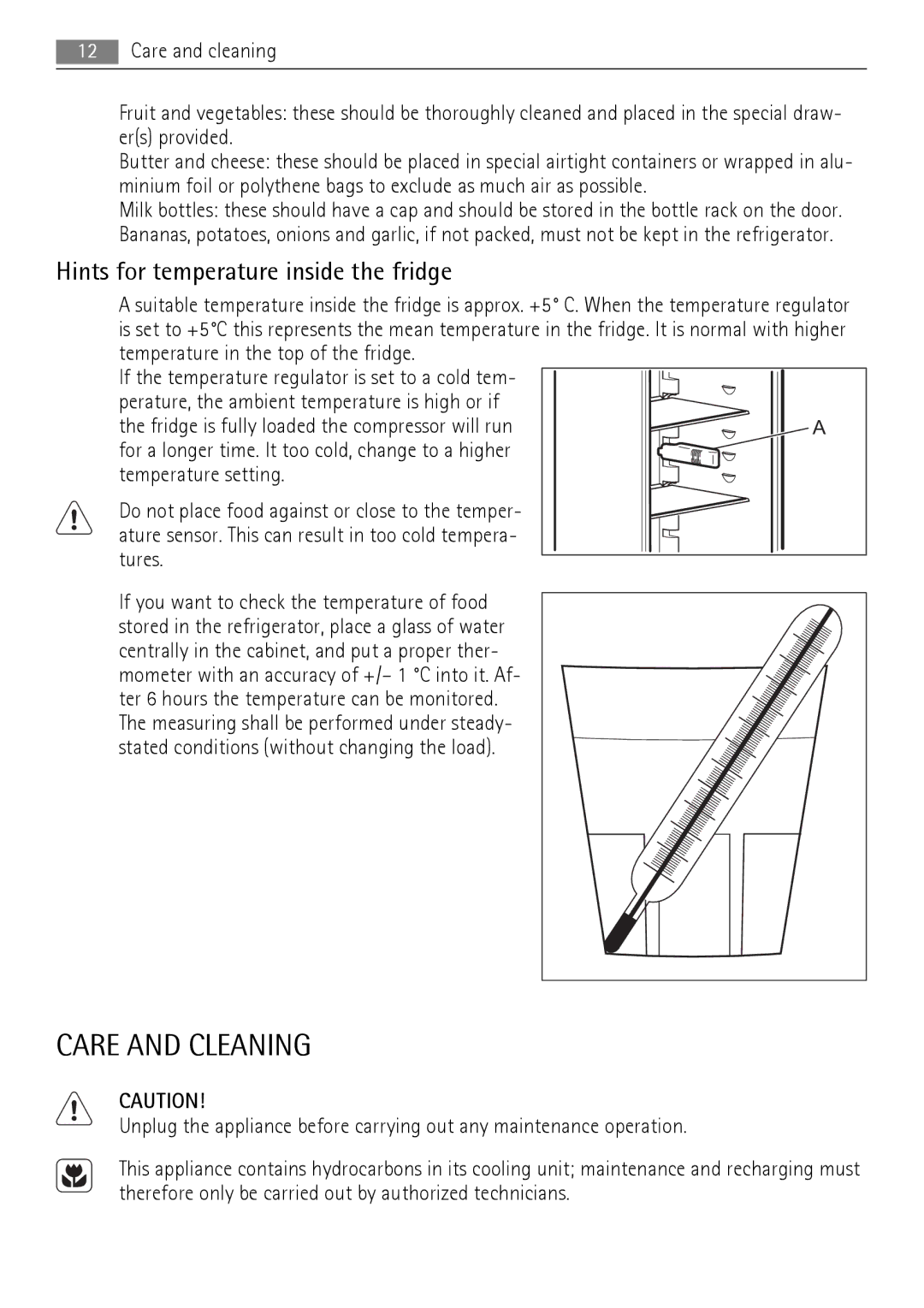 AEG QR2520X, QR2520W manual Care and Cleaning, Hints for temperature inside the fridge 