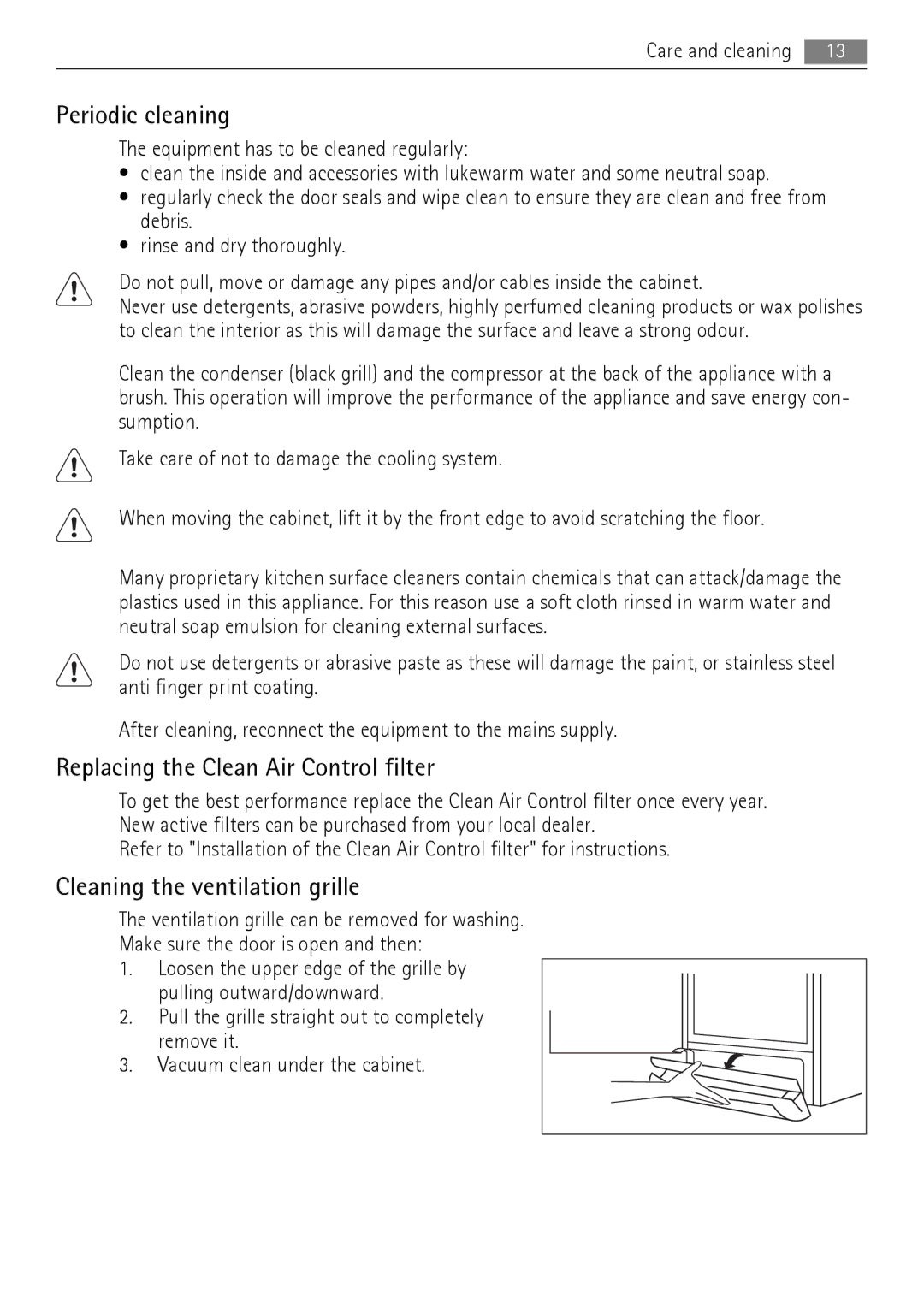 AEG QR2520W, QR2520X manual Periodic cleaning, Replacing the Clean Air Control filter, Cleaning the ventilation grille 