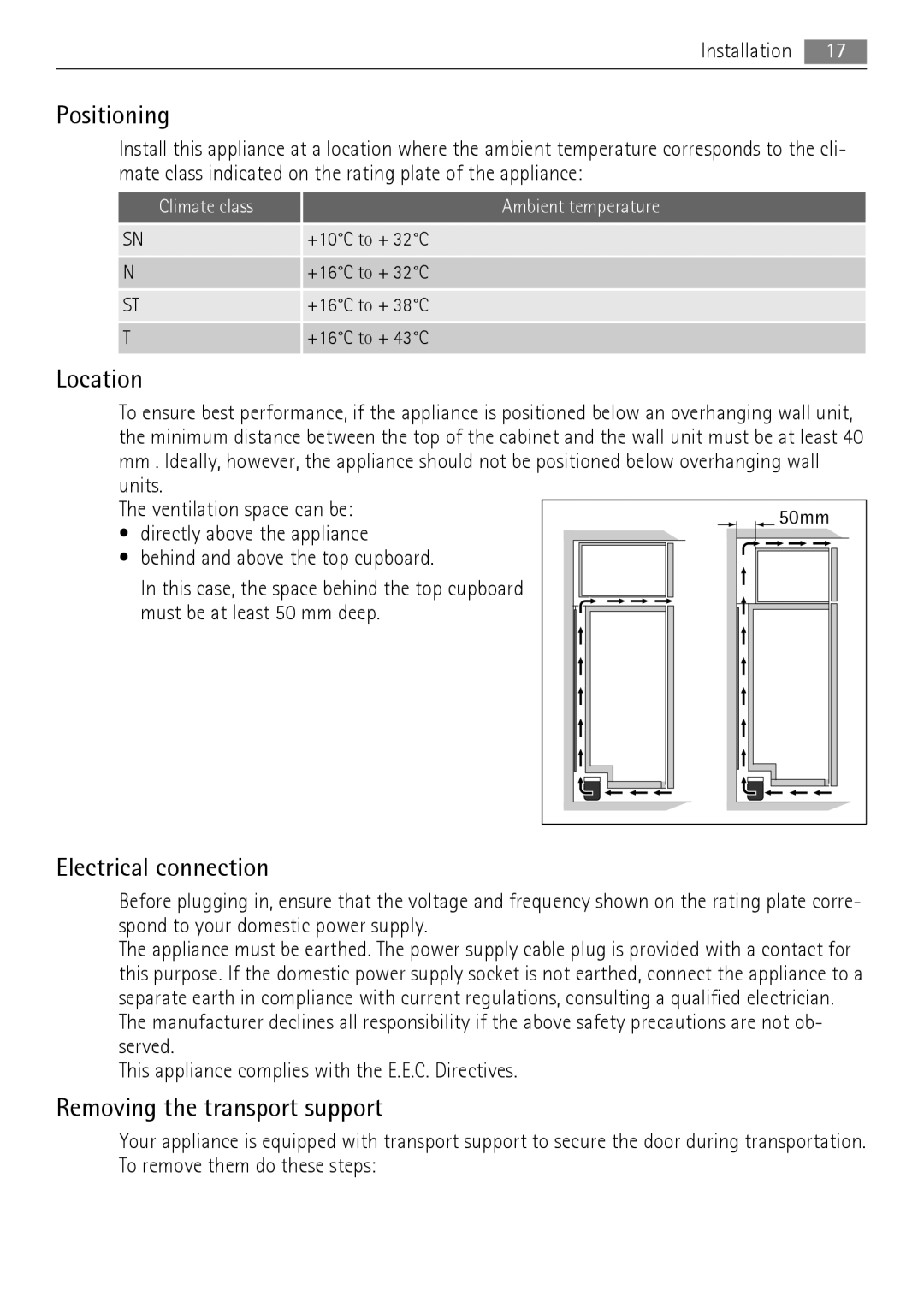 AEG QR2520W, QR2520X manual Positioning, Location, Electrical connection, Removing the transport support 