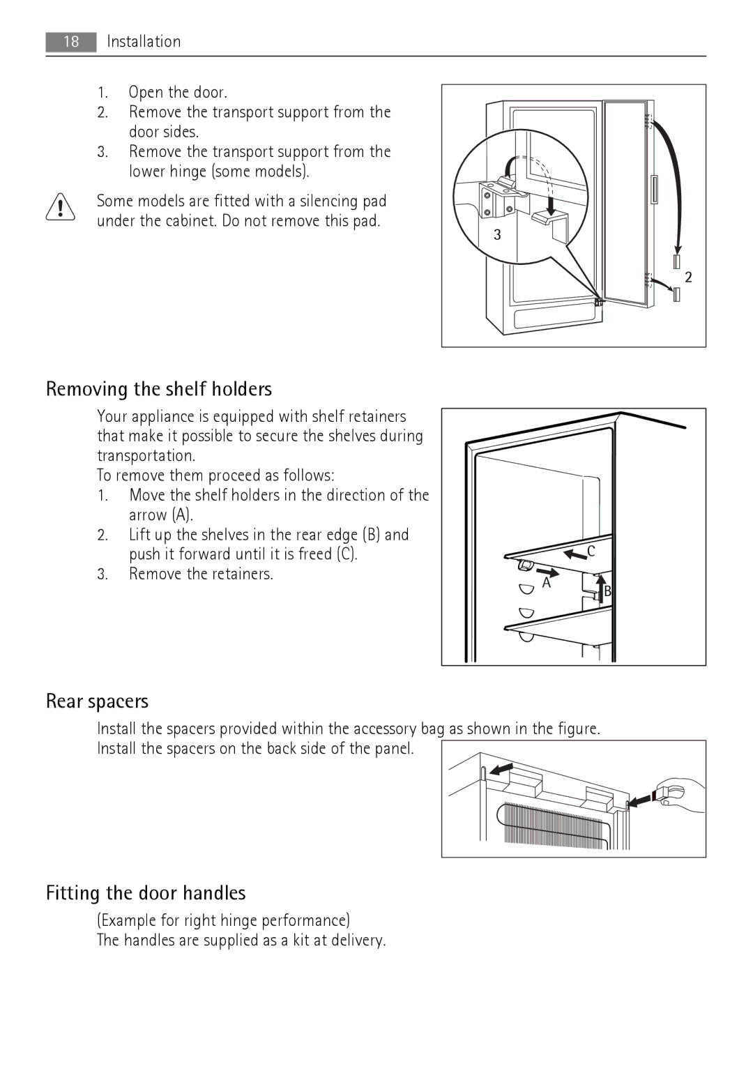 AEG QR2520X, QR2520W manual Removing the shelf holders, Rear spacers, Fitting the door handles 