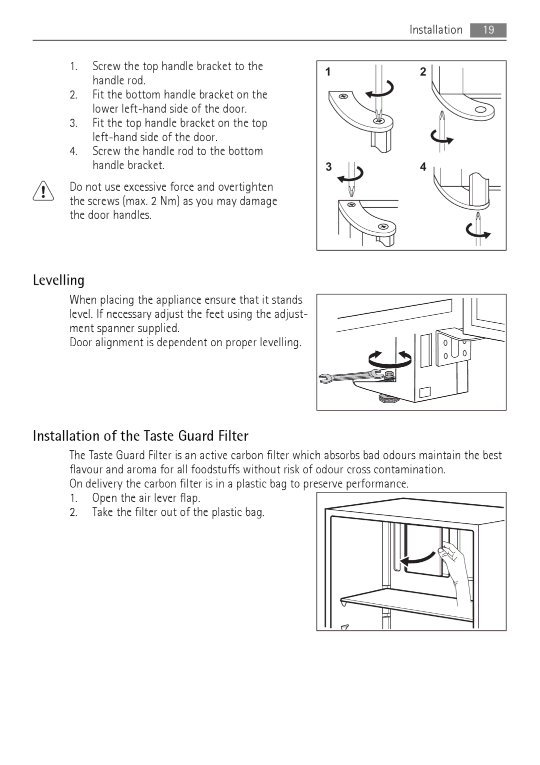 AEG QR2520W, QR2520X manual Levelling, Installation of the Taste Guard Filter 