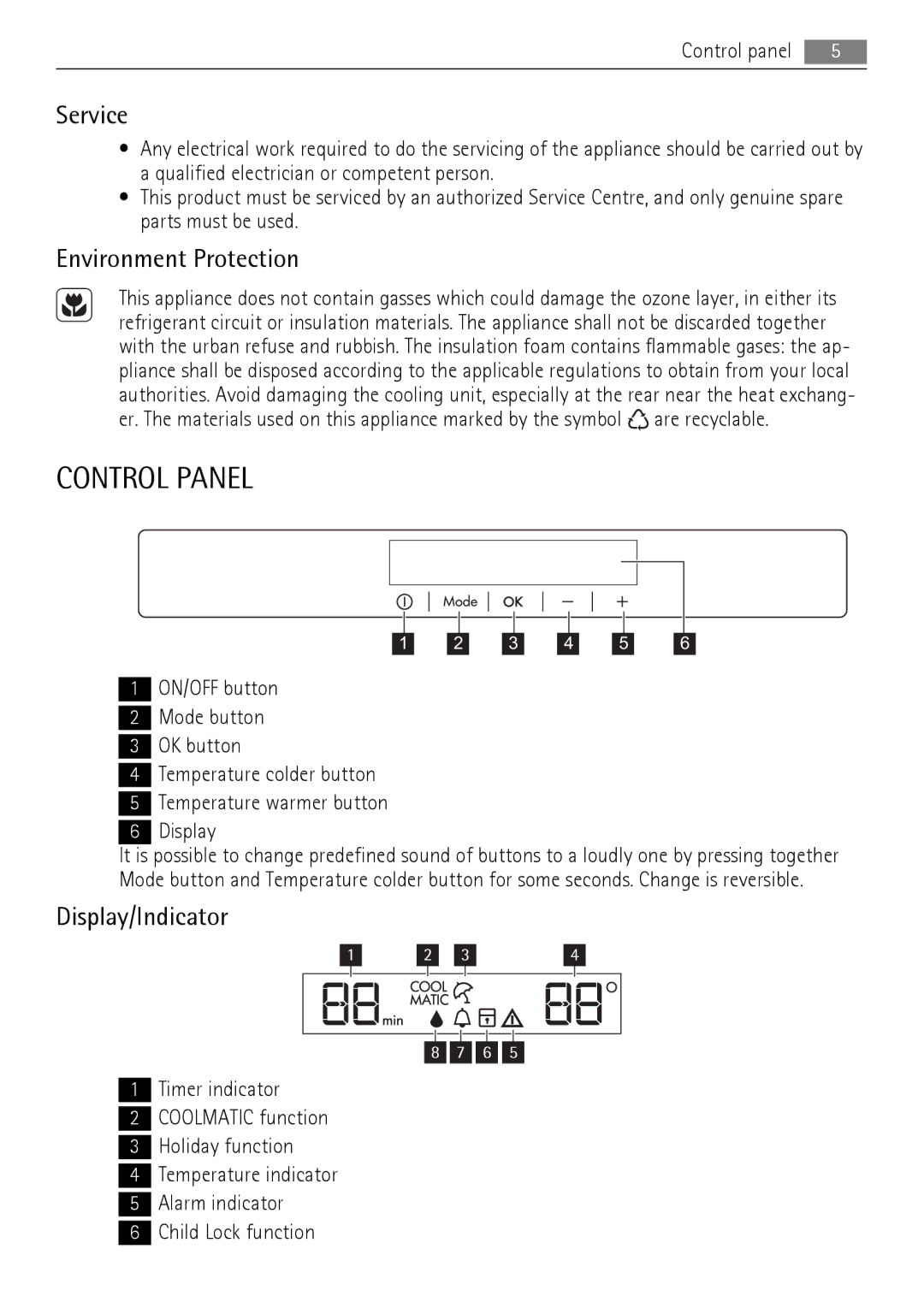 AEG QR2520W, QR2520X manual Control Panel, Service, Environment Protection, Display/Indicator 