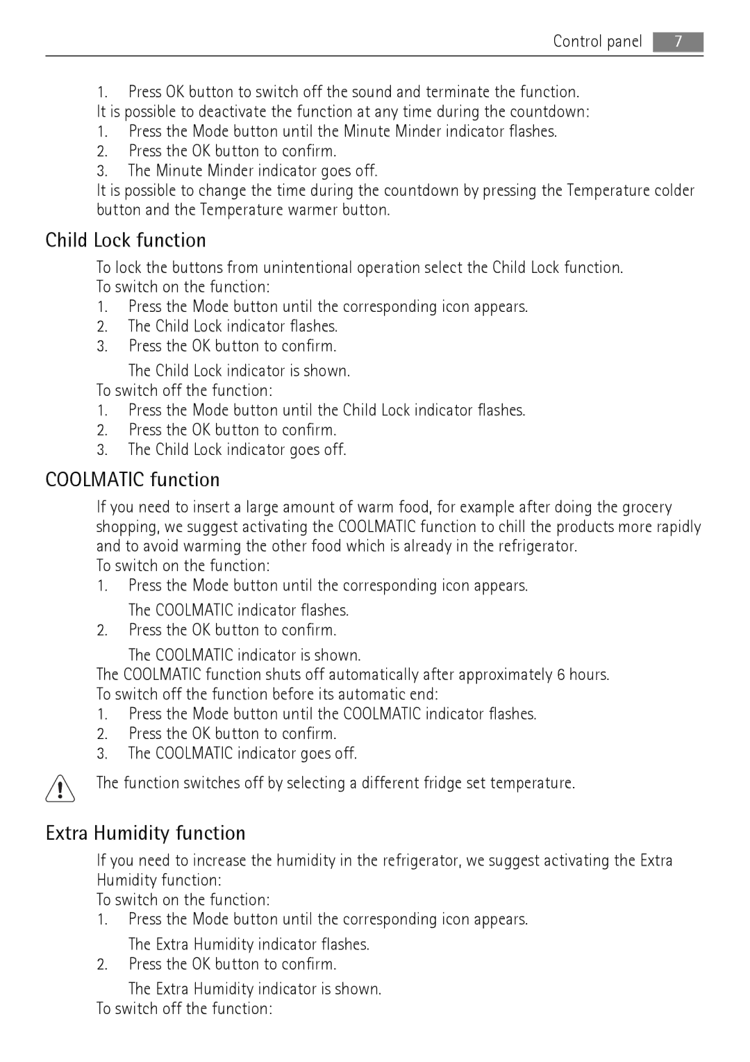 AEG QR2520W, QR2520X manual Child Lock function, Coolmatic function, Extra Humidity function 