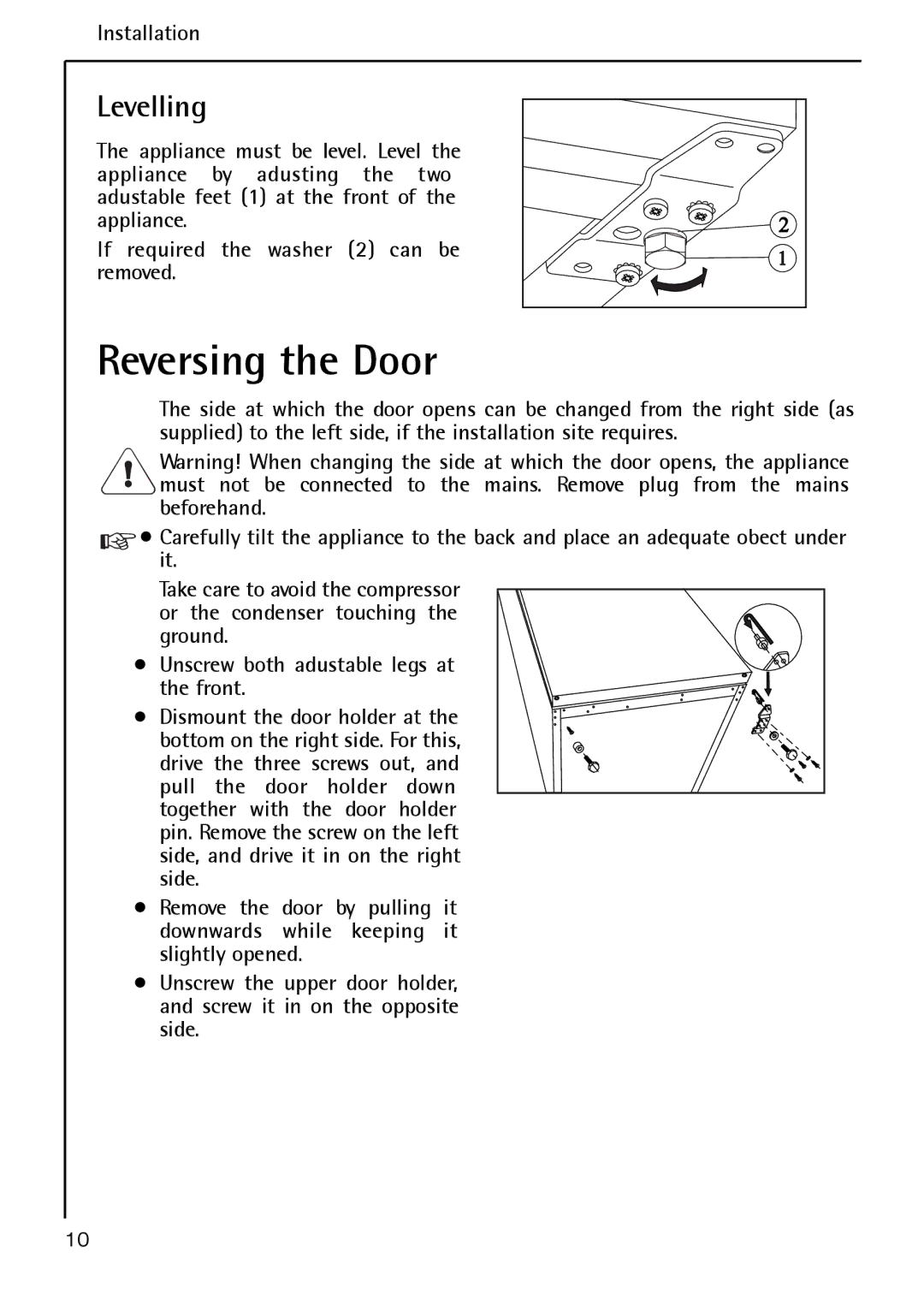 AEG S 60150 TK manual Reversing the Door, Levelling 