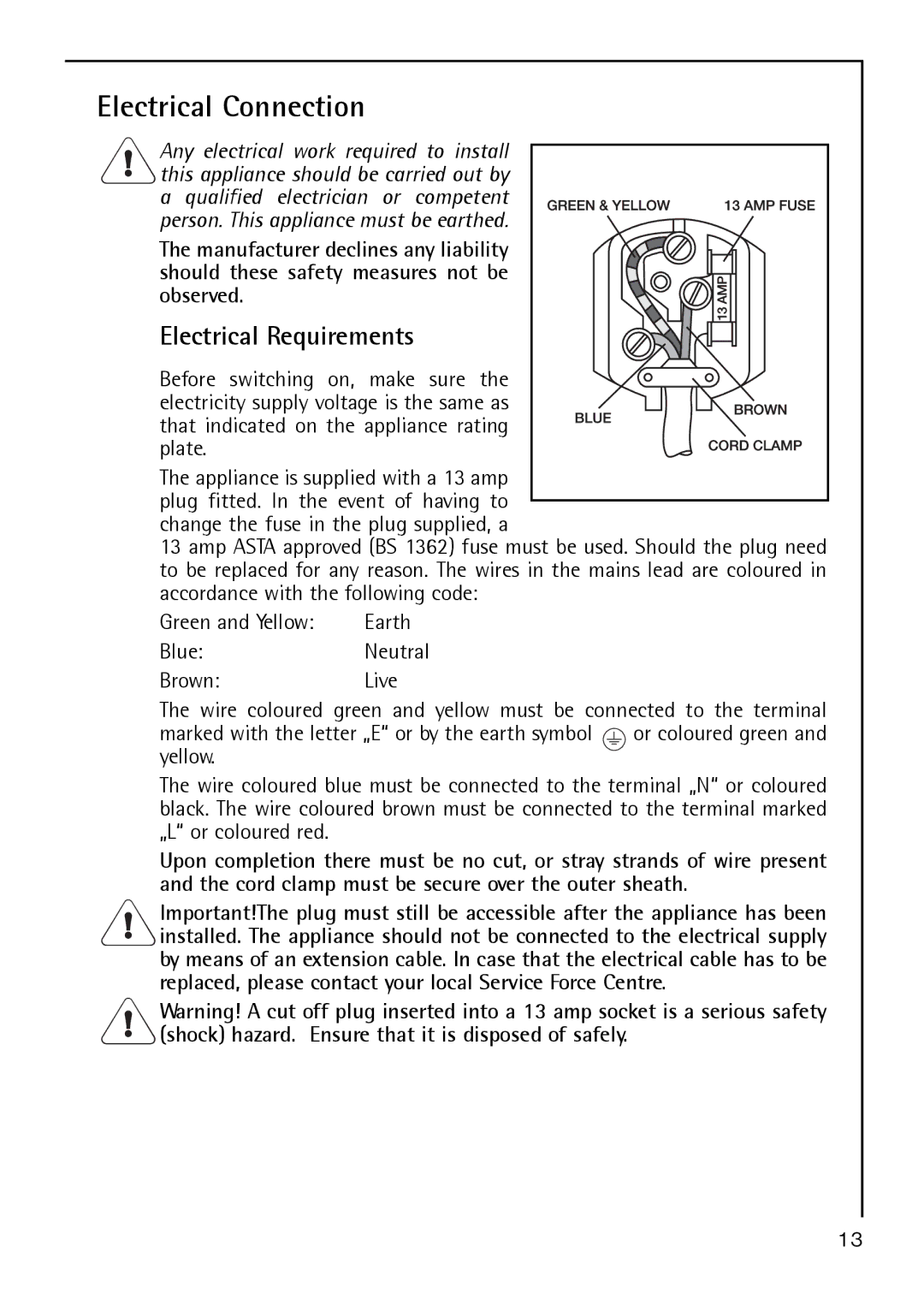 AEG S 60150 TK manual Electrical Connection, That indicated on the appliance rating Plate 