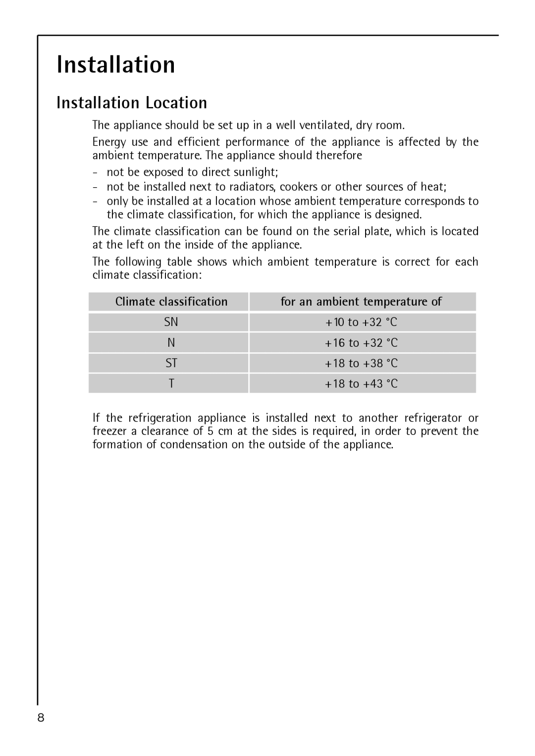 AEG S 60150 TK manual Installation Location, Climate classification For an ambient temperature 