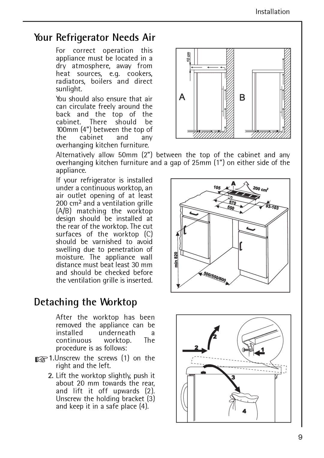 AEG S 60150 TK manual Your Refrigerator Needs Air, Detaching the Worktop, Installation 