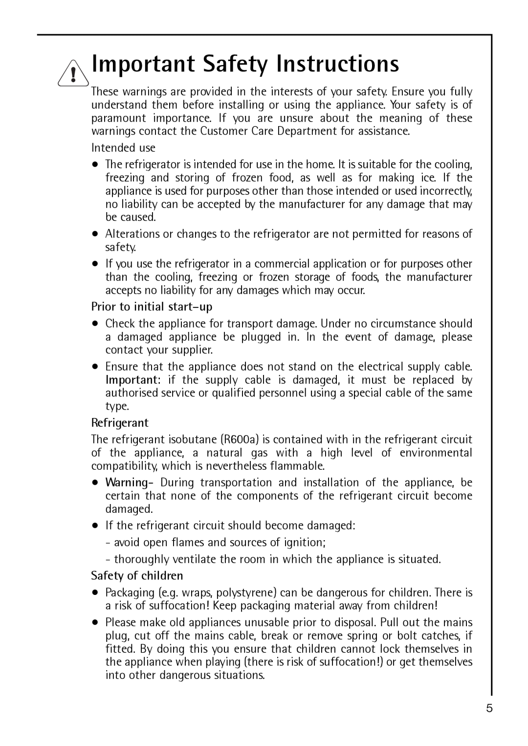 AEG S 60150 TK manual Important Safety Instructions, Prior to initial start-up, Refrigerant, Safety of children 