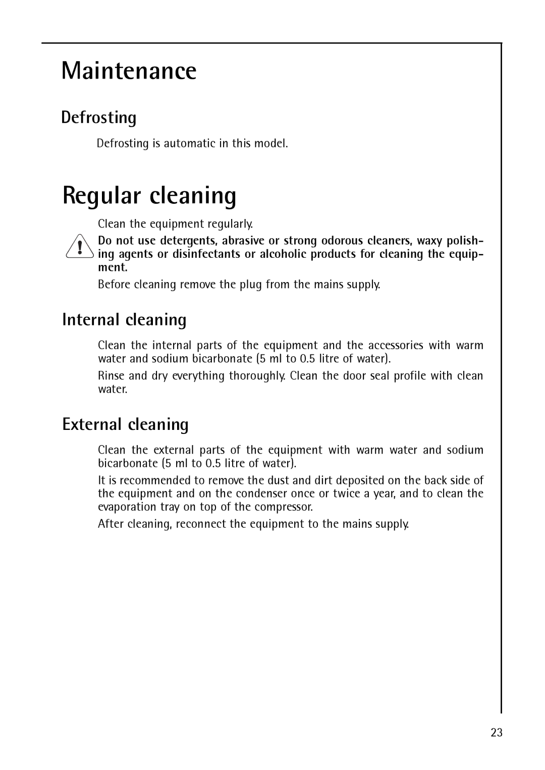 AEG 200372733, S 75400 KG8 manual Maintenance, Regular cleaning, Defrosting, Internal cleaning, External cleaning 