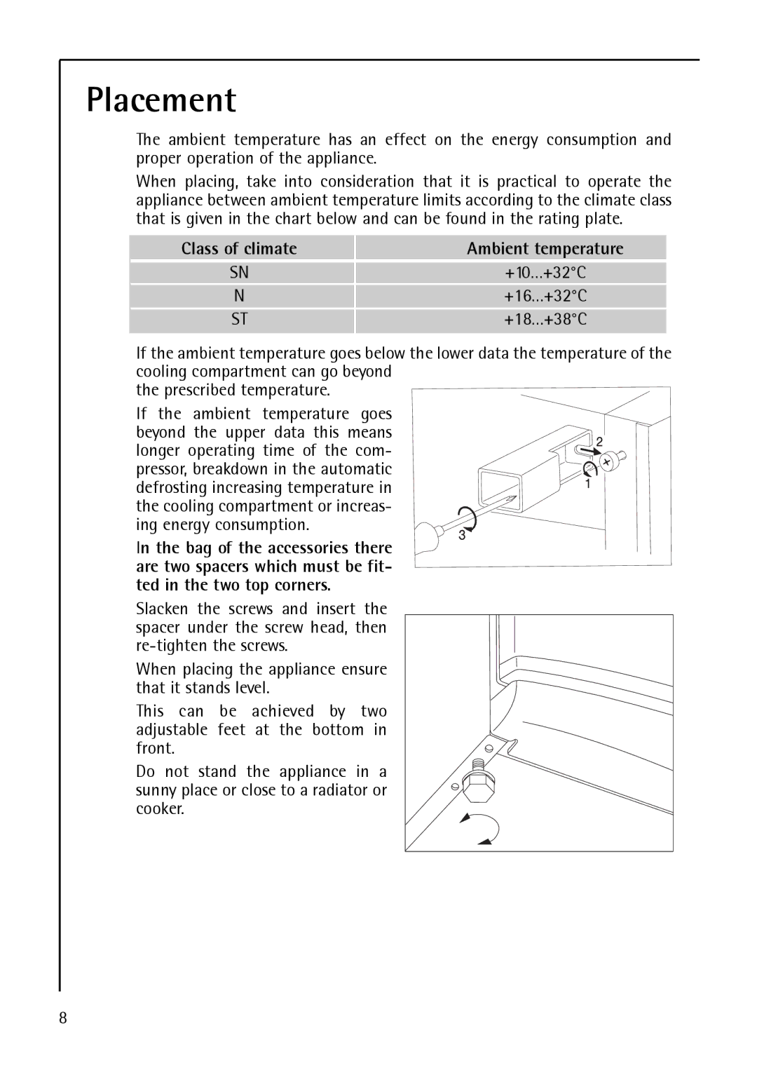 AEG 200372733, S 75400 KG8 manual Placement, Class of climate Ambient temperature 