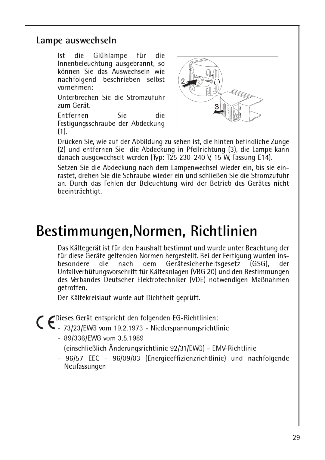 AEG S 75348 KG, S75348 KG8, S 75388 KG8 manual Bestimmungen,Normen, Richtlinien, Lampe auswechseln 