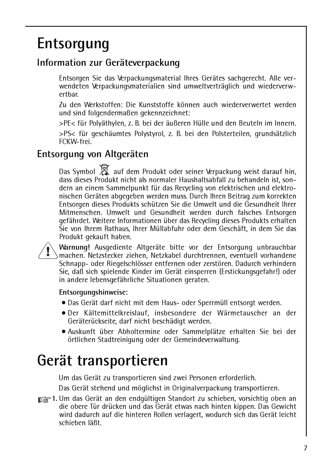 AEG S75348 KG8, S 75348 KG, S 75388 KG8 manual Gerät transportieren, Entsorgungshinweise 