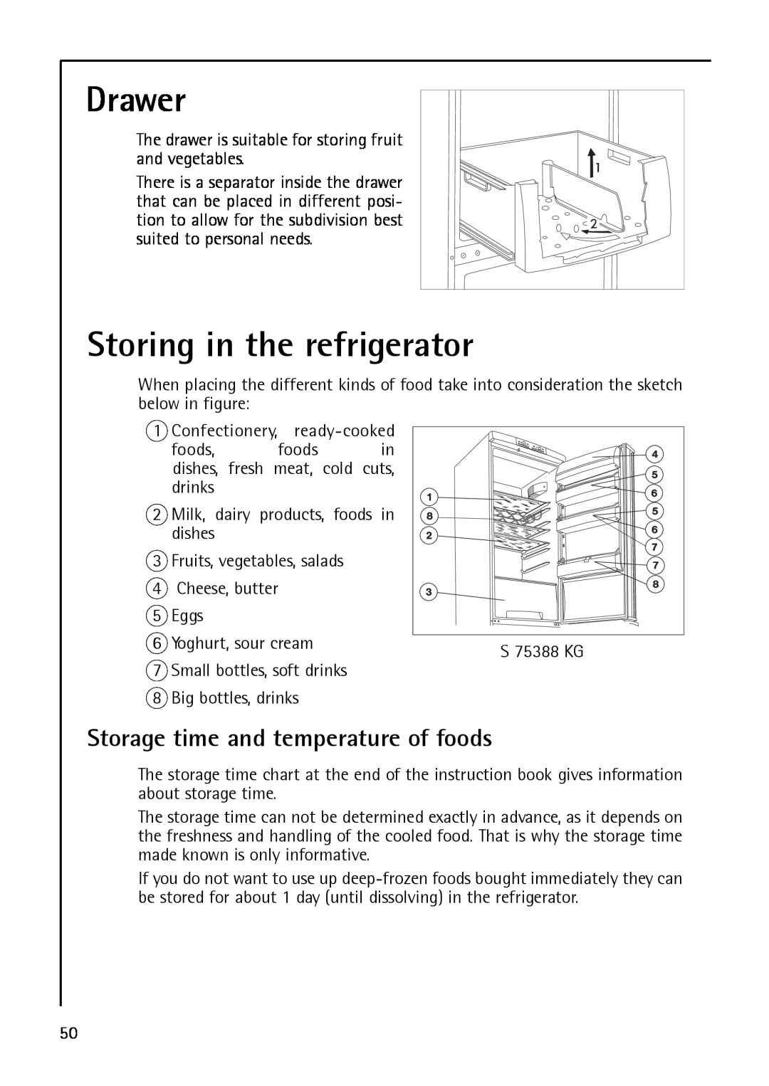 AEG S 75388 KG8, S75348 KG8, S 75348 KG manual Drawer, Storing in the refrigerator, Storage time and temperature of foods 