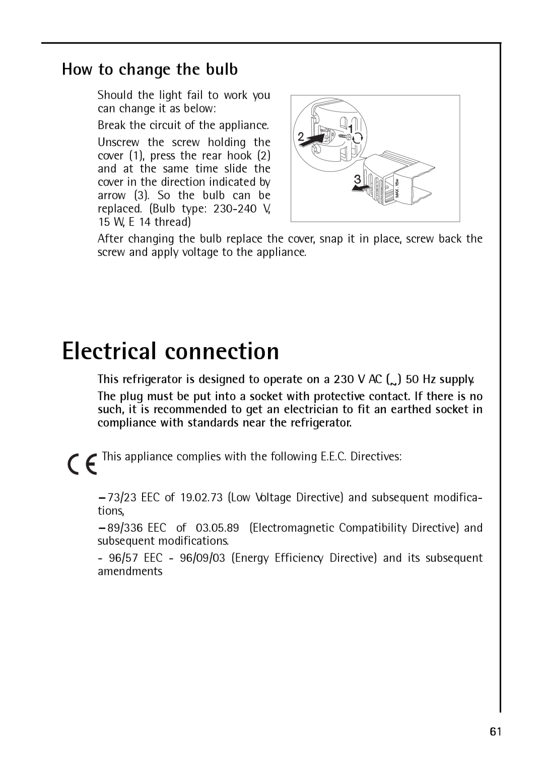AEG S 75348 KG, S75348 KG8, S 75388 KG8 manual Electrical connection, How to change the bulb 