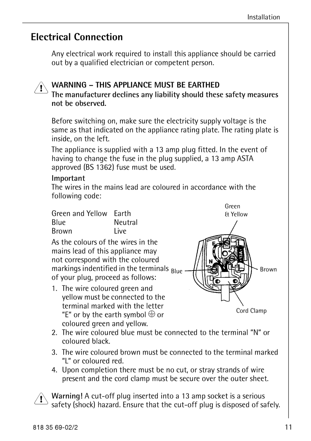 AEG S75578KG3 manual Electrical Connection 