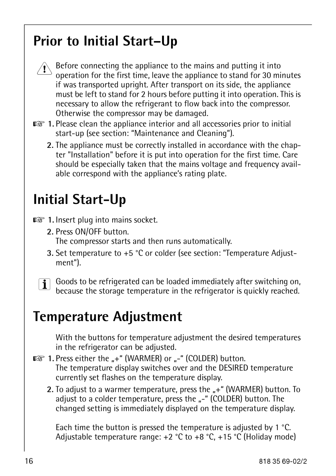 AEG S75578KG3 manual Prior to Initial Start-Up, Temperature Adjustment 