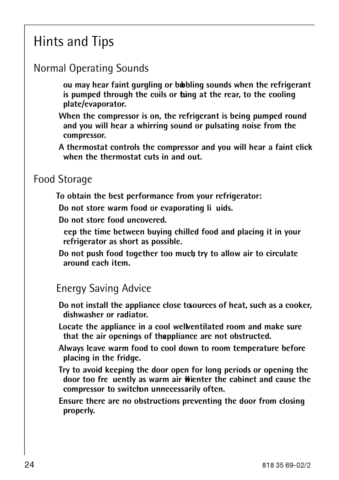 AEG S75578KG3 manual Hints and Tips, Normal Operating Sounds, Food Storage, Energy Saving Advice 