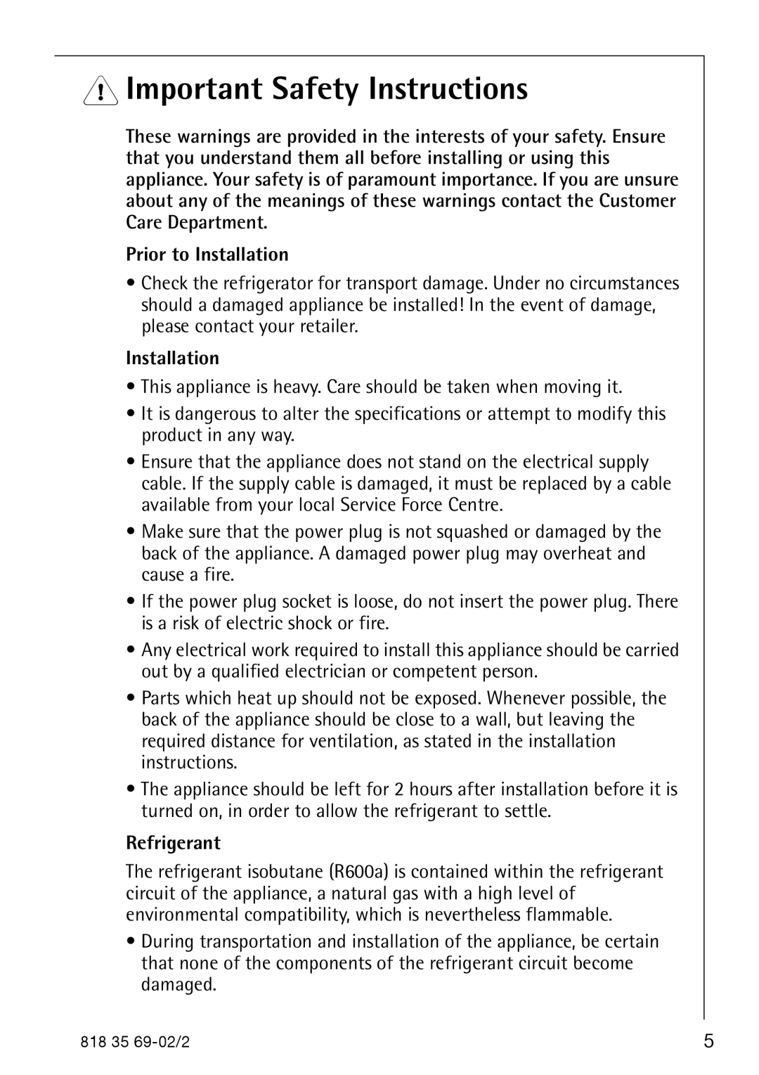 AEG S75578KG3 manual Important Safety Instructions, Prior to Installation, Refrigerant 