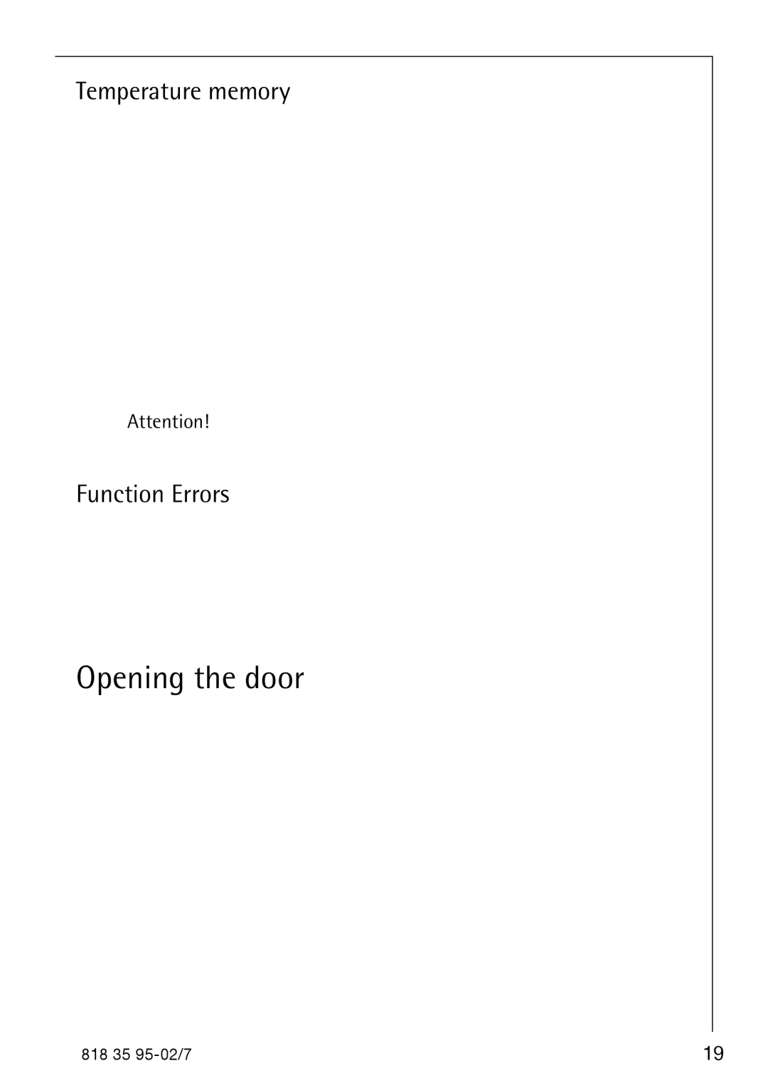 AEG S75578KG3 manual Temperature memory, Function Errors 