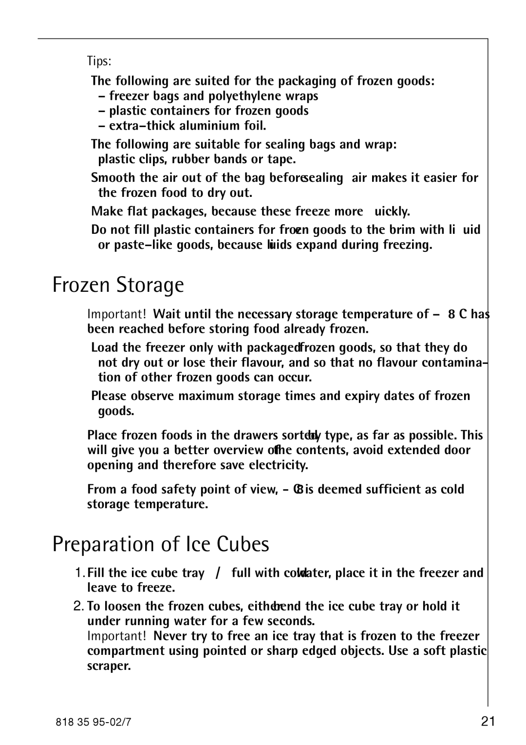 AEG S75578KG3 manual Frozen Storage, Preparation of Ice Cubes, Tips 