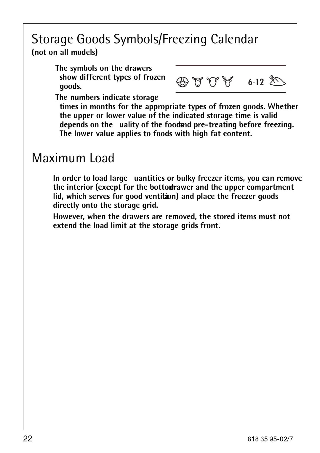 AEG S75578KG3 manual Storage Goods Symbols/Freezing Calendar, Maximum Load 