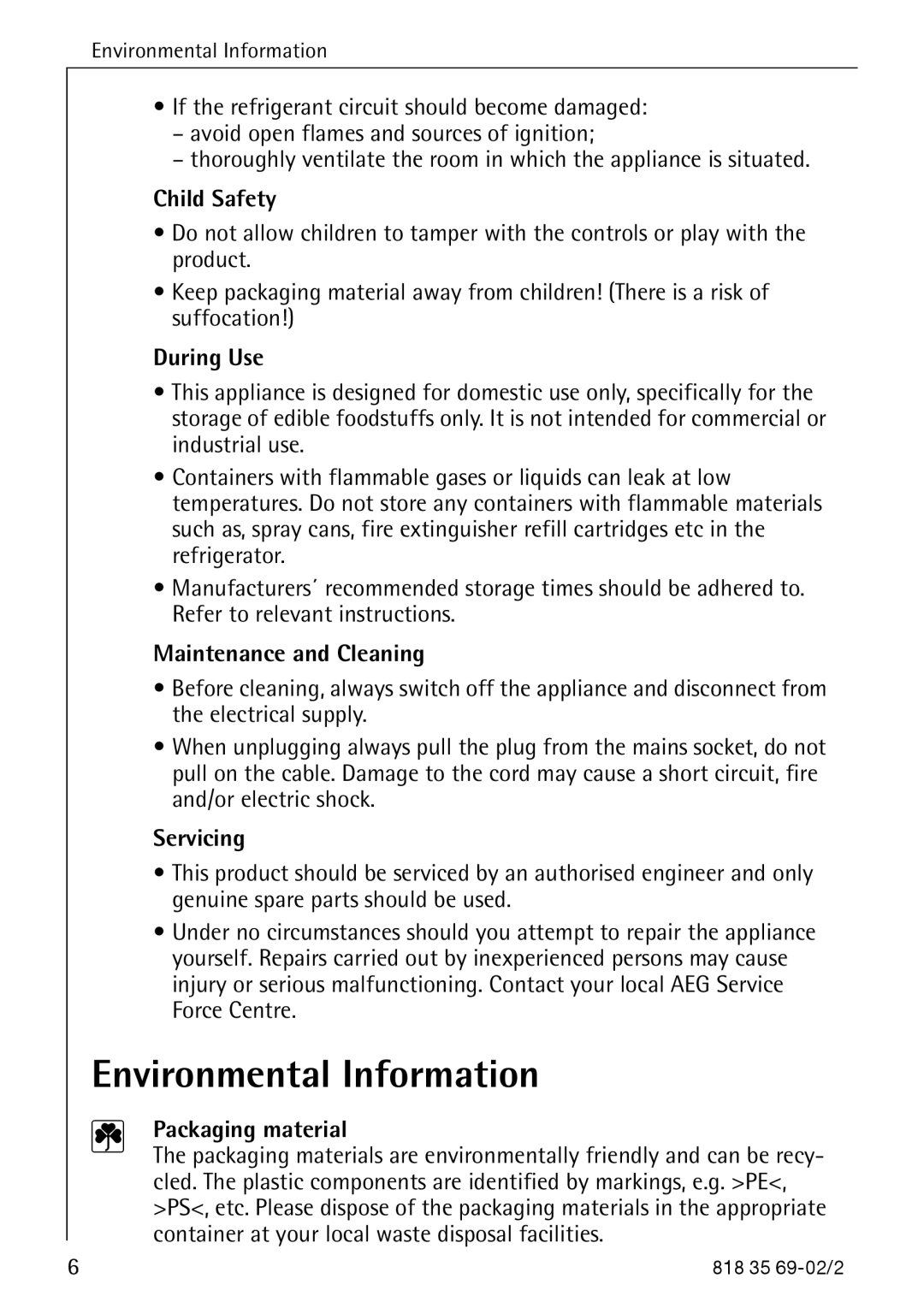 AEG S75578KG3 manual Environmental Information 