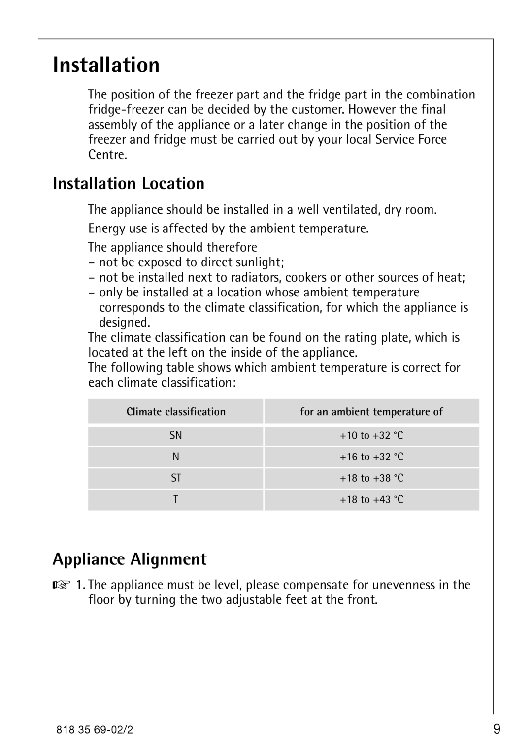 AEG S75578KG3 manual Installation Location, Appliance Alignment 