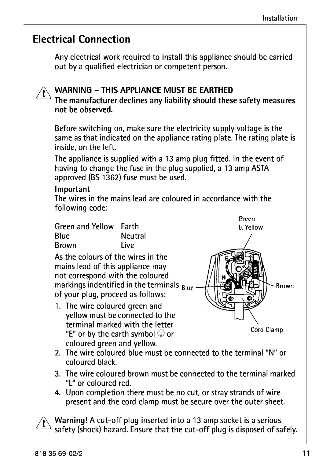 AEG S75578KG3 manual Electrical Connection, Warning - This Appliance Must Be Earthed 