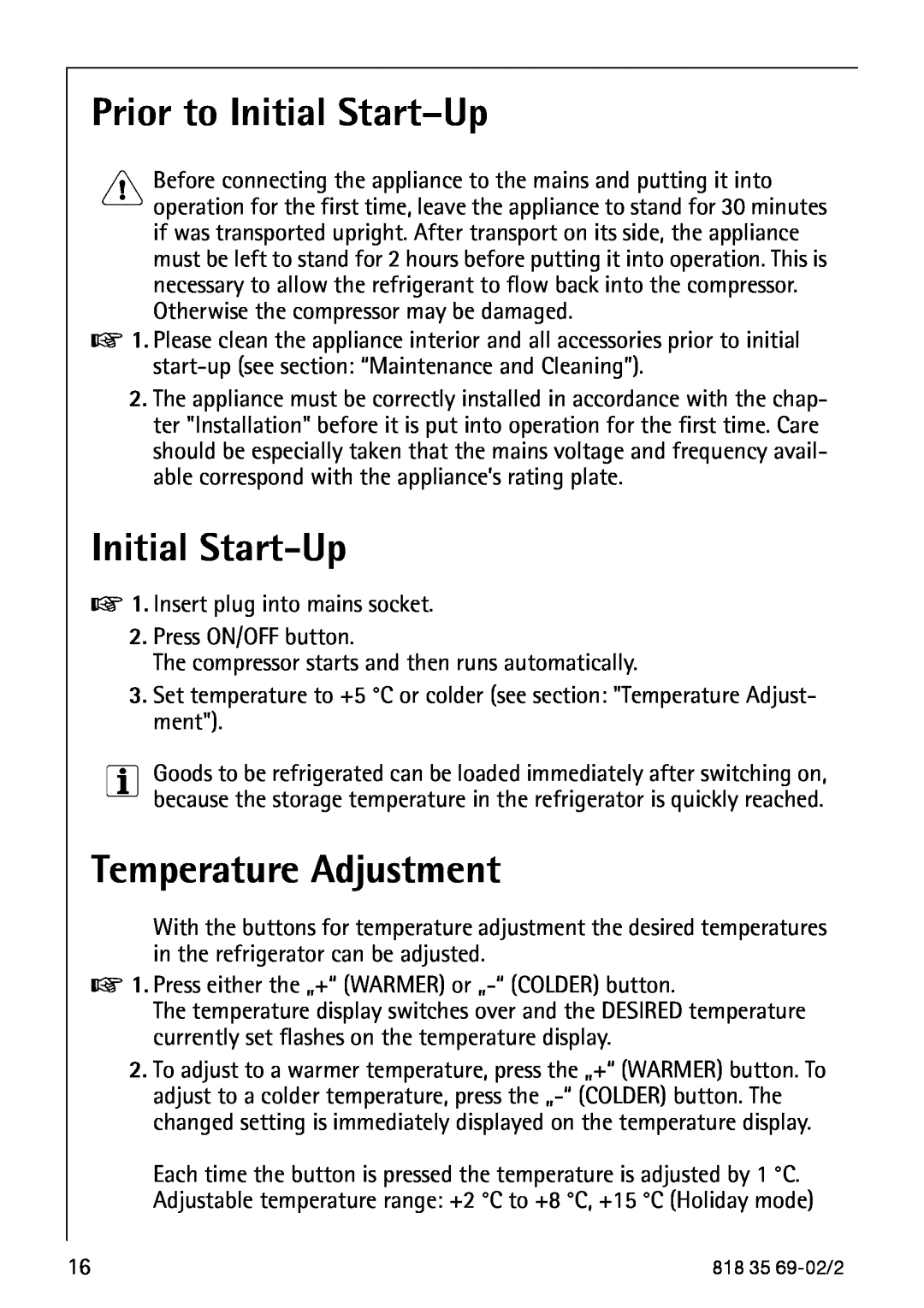 AEG S75578KG3 manual Prior to Initial Start-Up, Temperature Adjustment 