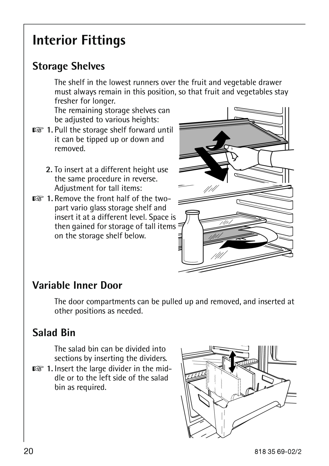AEG S75578KG3 manual Interior Fittings, Storage Shelves, Variable Inner Door, Salad Bin 