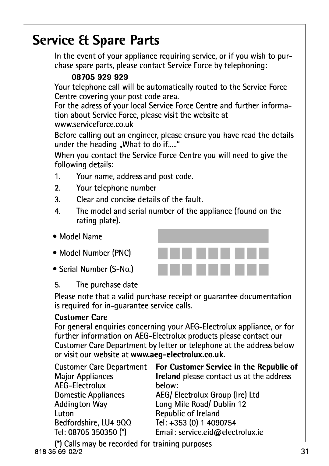 AEG S75578KG3 manual Service & Spare Parts, 08705 929, Customer Care 