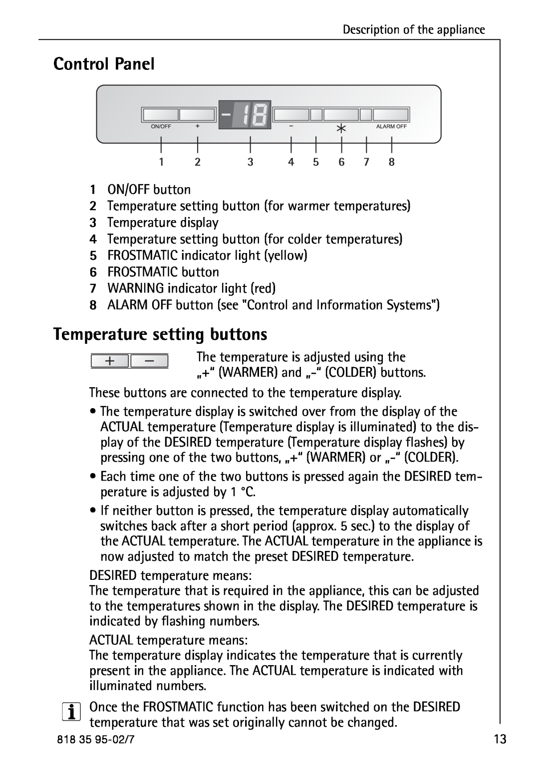 AEG S75578KG3 manual Temperature setting buttons, Control Panel, Description of the appliance 