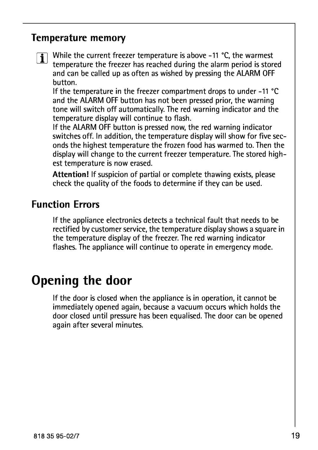 AEG S75578KG3 manual Temperature memory, Opening the door, Function Errors 