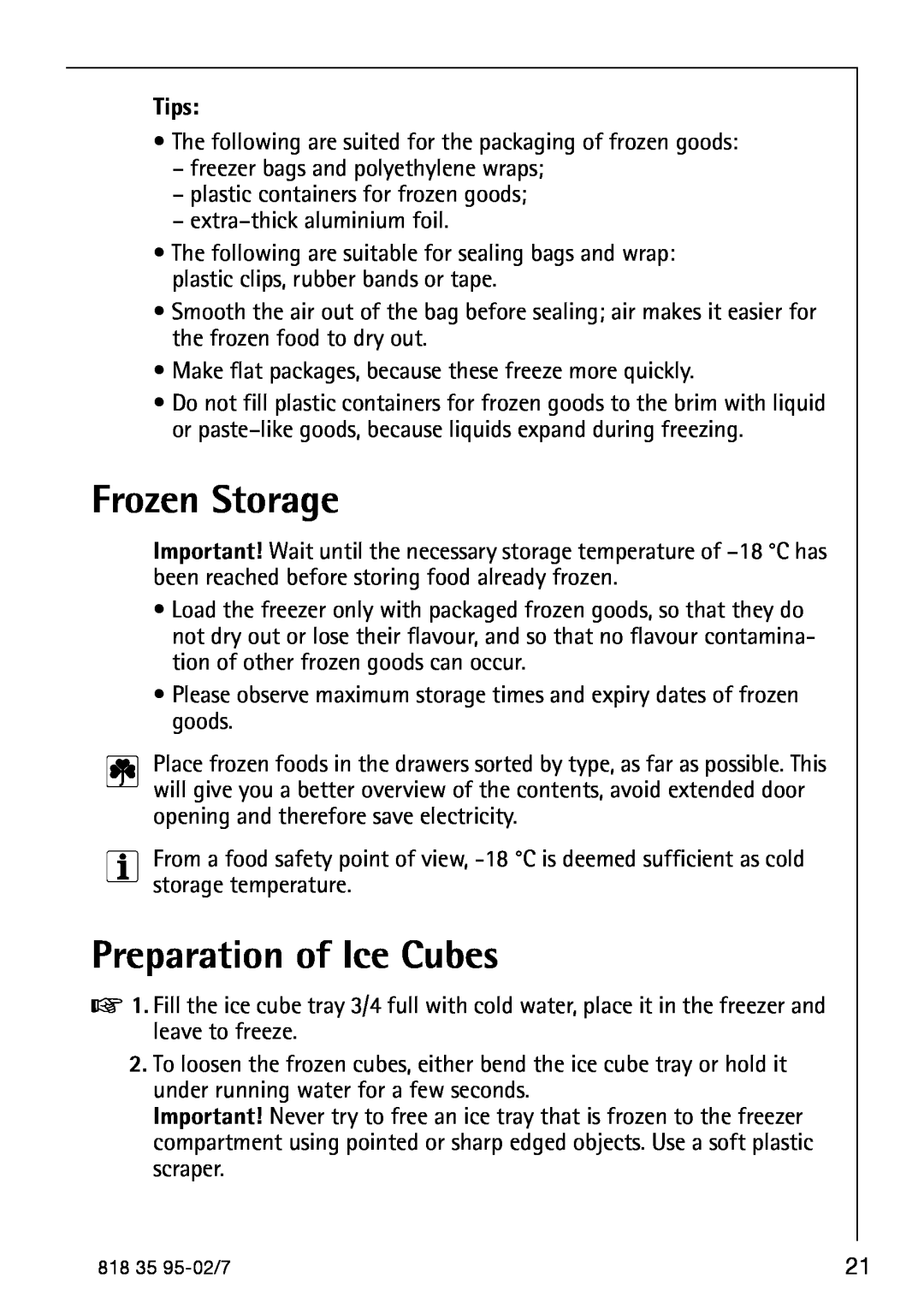AEG S75578KG3 manual Frozen Storage, Preparation of Ice Cubes, Tips 