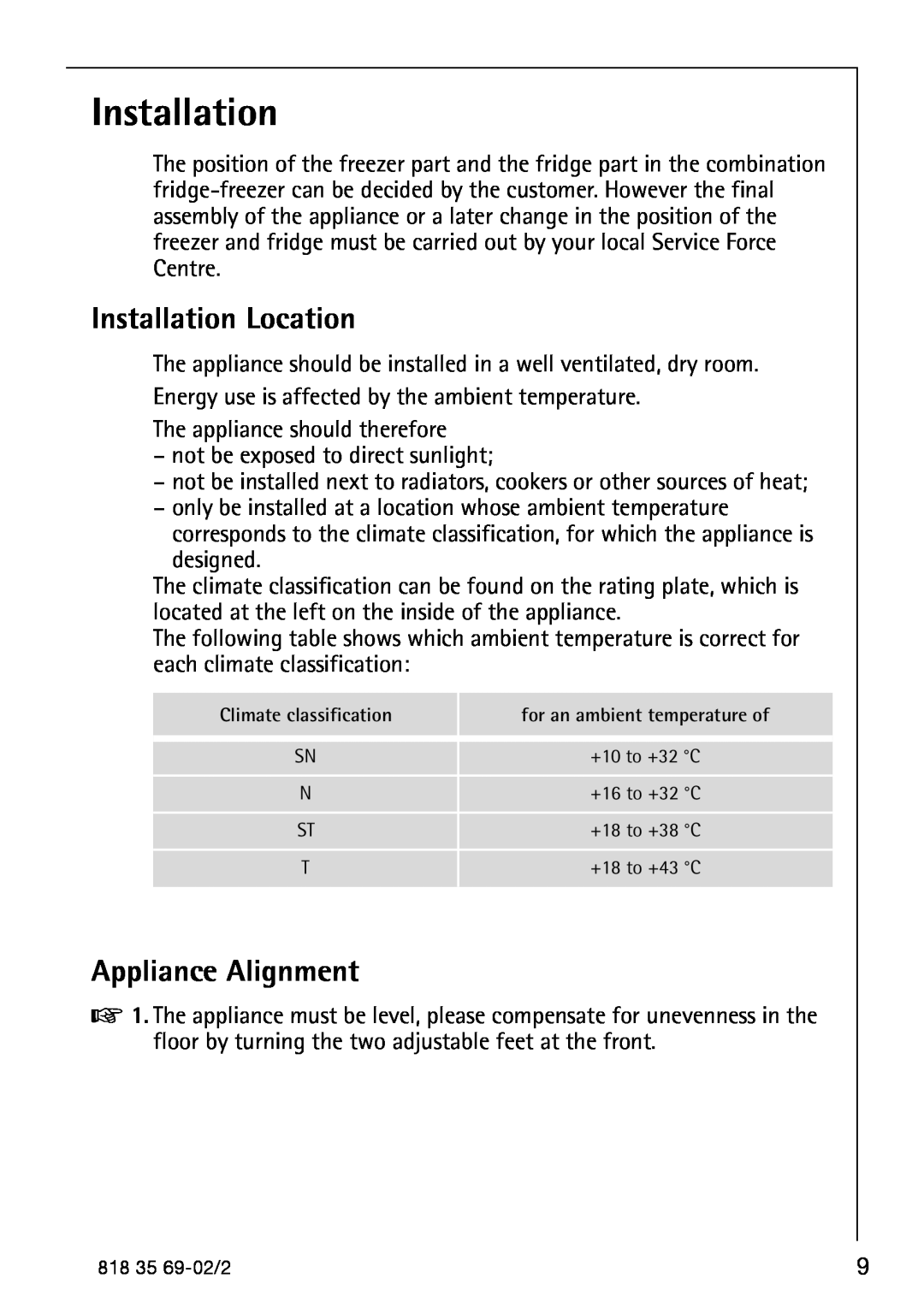 AEG S75578KG3 manual Installation Location, Appliance Alignment 