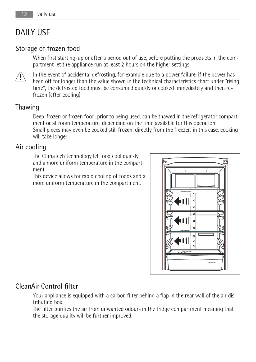 AEG S83200CMW0 user manual Daily USE, Storage of frozen food, Thawing, Air cooling, CleanAir Control filter 