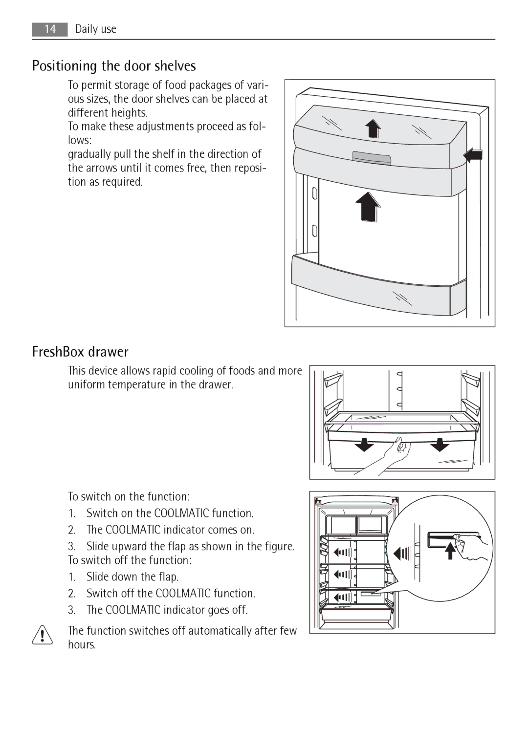 AEG S83200CMW0 user manual Positioning the door shelves, FreshBox drawer 