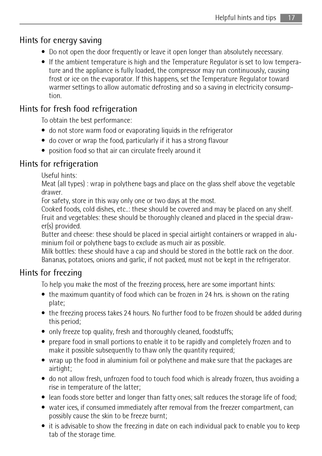 AEG S83200CMW0 Hints for energy saving, Hints for fresh food refrigeration, Hints for refrigeration, Hints for freezing 