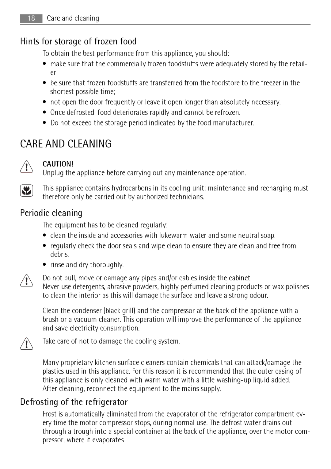 AEG S83200CMW0 Care and Cleaning, Hints for storage of frozen food, Periodic cleaning, Defrosting of the refrigerator 